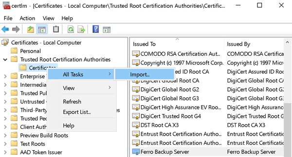 Importación del certificado SSL Importación del certificado SSL
